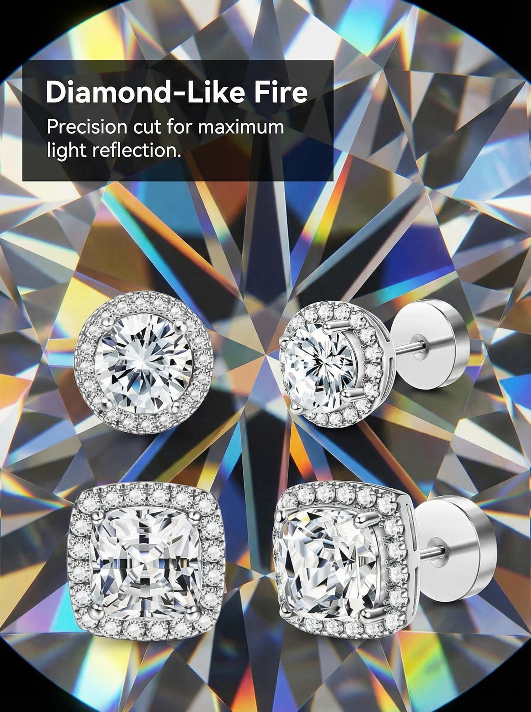 Luxury Halo Earnail 4-piece Set - Gold and Silver Round/Square Style, Low Sensitivity Copper Plated Metal Coating, Comfortable Daily Wear Fashion Accessories, Including Jewelry Box, Women's Birthday Gift