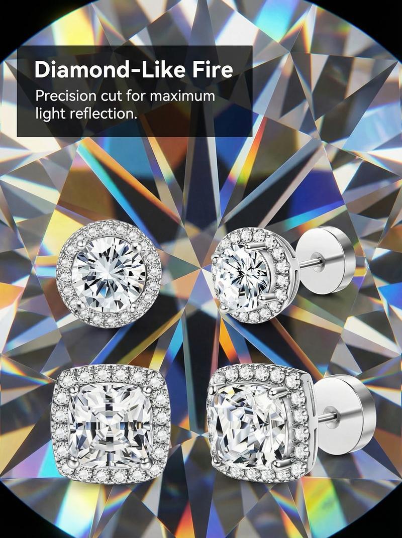 Luxury Halo Zircon Stud Set 4-Pack Gold Silver Round Square Hypoallergenic Copper Plated Jewelry Box Included Perfect for Holidays Birthdays