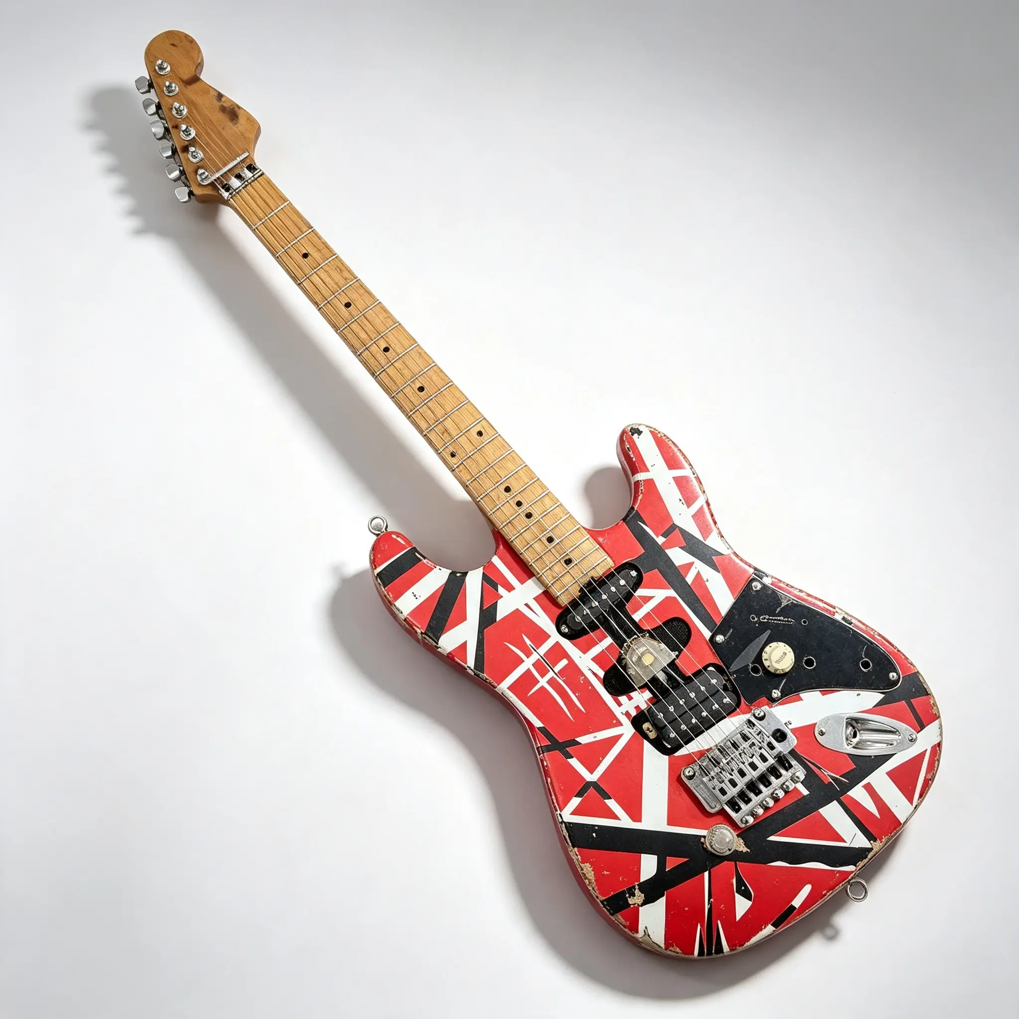 EVH-Style Eddie Van Halen Frankenstrat Vintage Relic Guitar - Red Black White Striped Finish, Back Reflective Accessories, Double Locking Tremolo, Maple Neck, SH Pickup, Mahogany Solid Wood Body, Classic Choice for Rich Sound, Warm Mahogany, Perfect Blend