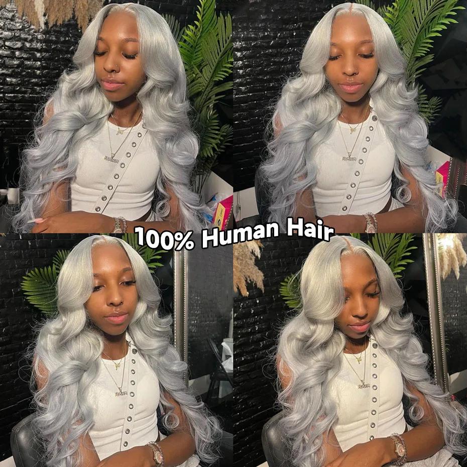 Bling Hair Sliver Grey Bone Straight Human Hair Lace Front Wigs 13x4 Transparent Lace Frontal Wigs Gray Straight Human Hair Wig Colored for Women Silvery Gray Wig Pre Plucked with Baby Hair Grey Straight Lace Front Wig