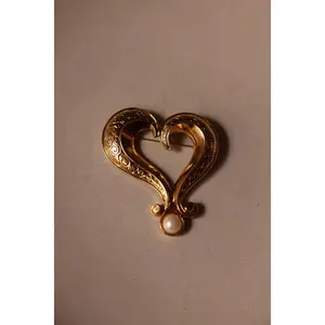 Heart Scroll Gold-Tone Brooch with Faux Pearl Accent