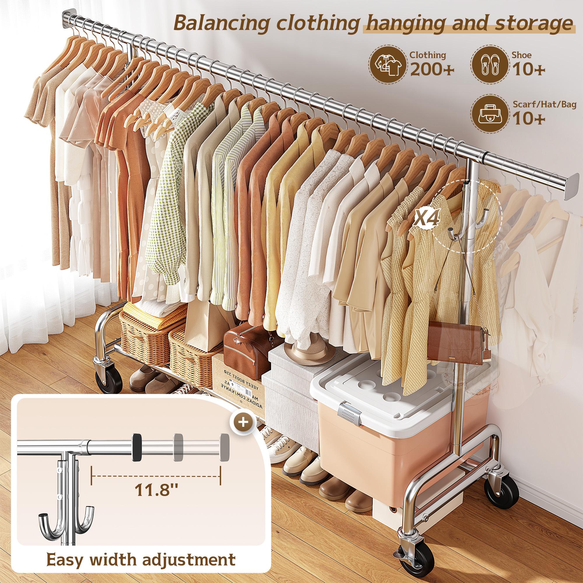 Raybee Clothes Rack for Hanging Clothing with Lockable Wheels , 75" Extendable & Height Adjustable Coat Rack, Heavy Duty Clothes Racks Holds Up to 440LBS, Portable Rolling Garment Rack with 4 Hooks for  Bedroom, Laundry Room, Commercial, Chrome