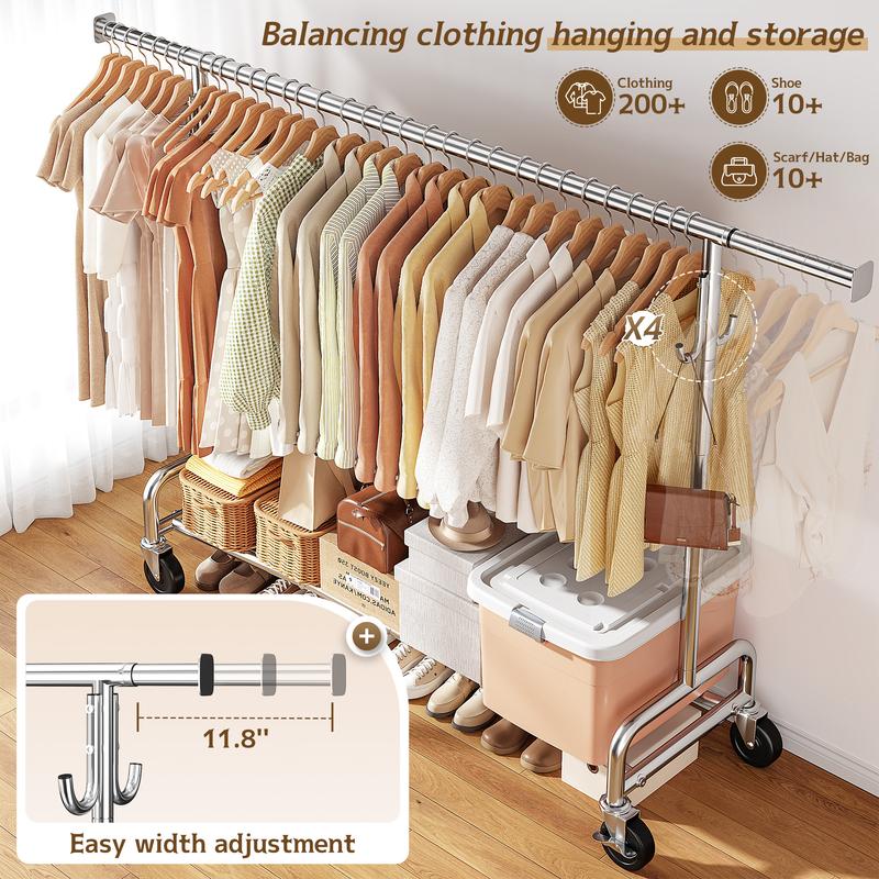 Raybee Furniture Clothes Rack for Hanging Clothing Rack with Hooks, Extendable & Height Adjustable Coat Rack, Heavy Duty Clothes Racks Holds Up to 440LBS, Portable Rolling Garment Rack with Lockable Wheels & 4 Hooks, Chrome【Gift Ideas】