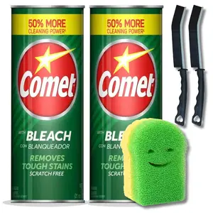 2 Comet Powder Cleanser with Bleach Bundle, 2 x 21 oz + Scrub Sponges + 2 Crevice Cleaning Brushes,Removes Tough Stains. Home & Kitchen Cleaning Supplies, Tub, Tile & Grout Brush Scrubber