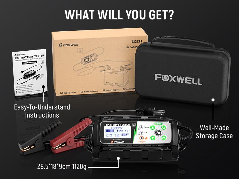 FOXWELL BC521 4-in-1 Car Battery Charger, 5A 12V Charging System Tester and Maintainer, 5A Smart Trickle Charger and Starter, Smart Eight-Stage Charging, Pulse Repair, LCD Display, Suitable for Unattended Operation in Cars/RVs/Motorhomes.