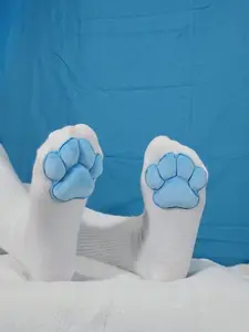 Plush Blue Mochi Cat Paw Pad Style Bean on White Thigh High Stockings