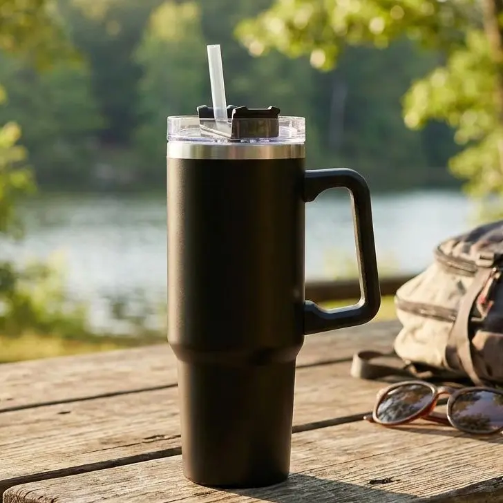 30oz Stainless Steel Vacuum Insulated Tumbler Mug With Handle Straw Lid Black For Iced Coffee Cold Hot Drinks