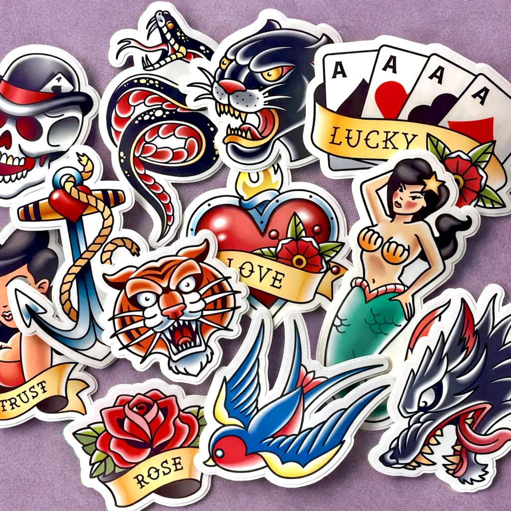 Old School Tattoo Sticker Pack, Traditional Tattoo Flash Sailor Vinyl Stickers 12 Pcs for Laptop Water Bottle Kindle etc.