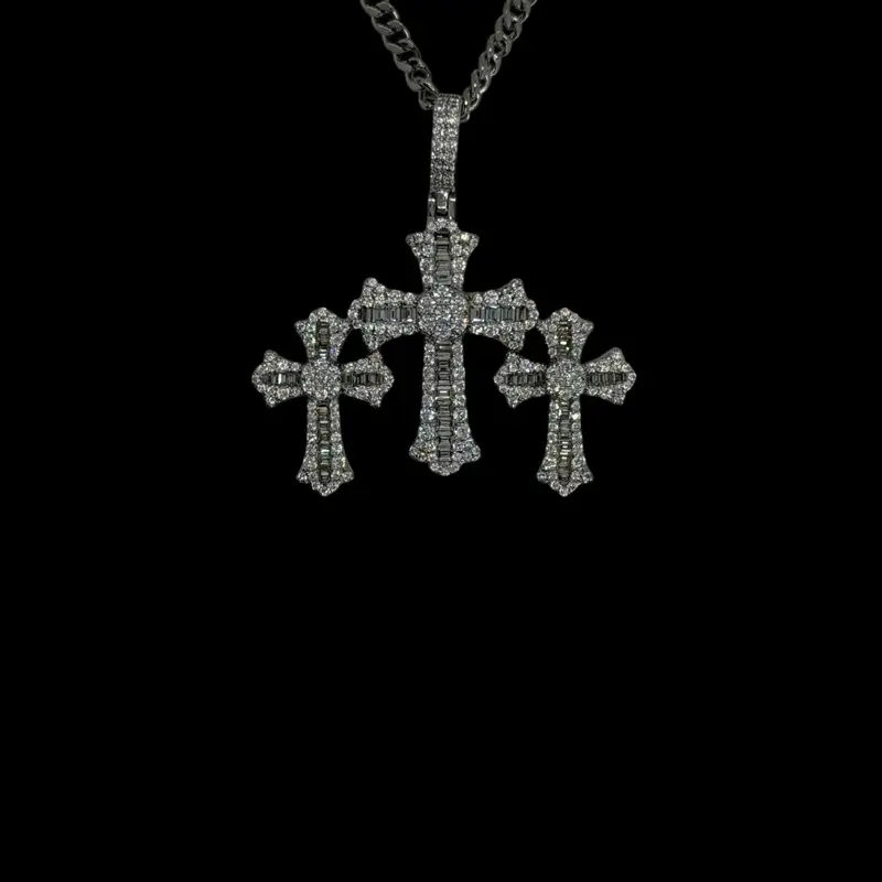 14k White Gold Plated Iced Out Triple Cross Necklace