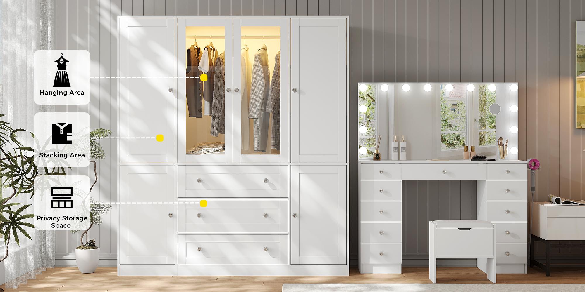 【2 Package Deliver】VOWNER White Large 4 Doors with Glass door Wardrobe with Side Cabinets 3 Drawers Motion Sensor Lighting 3 Color Modes Adjustable Brightness & Aluminum Alloy Hanging Rod