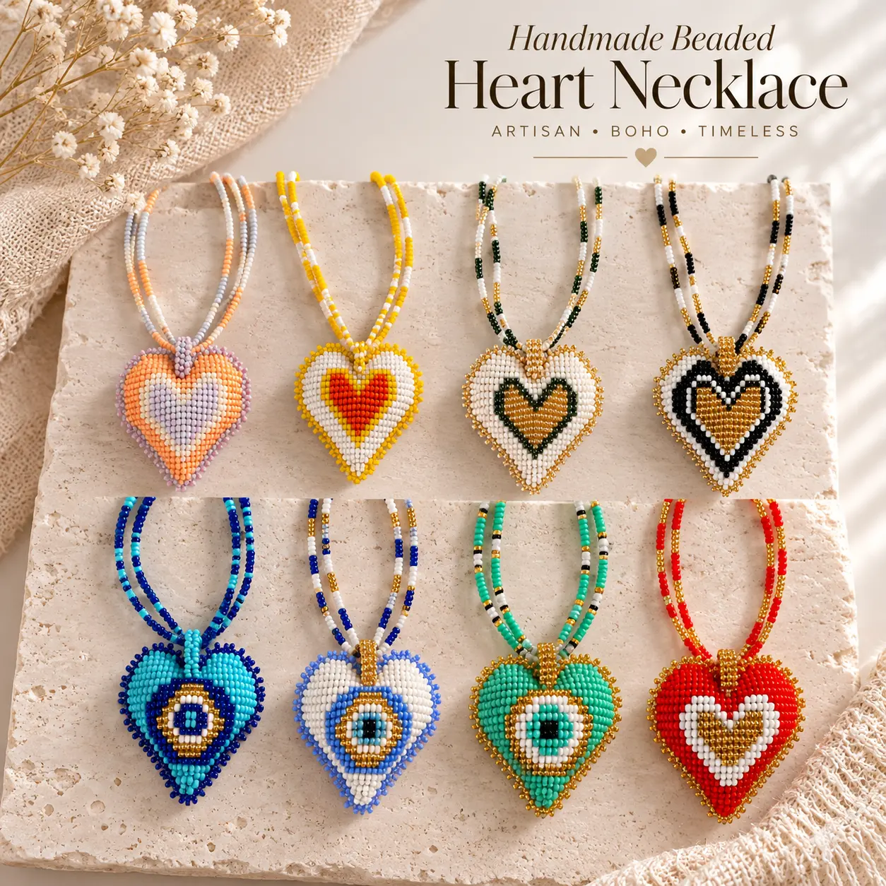 Hearts 3D Beaded Necklaces colors  Artisan Boho Jewelry