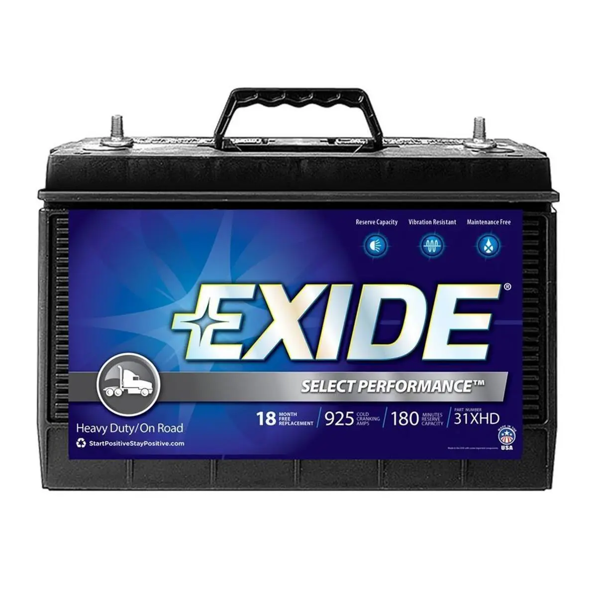 Exide Sprinter S31XHD Group 31 Heavy-Duty On-Road Battery, 12V, 950 CCA Cranking Power, 92Ah Capacity, 180-Min Reserve Capacity, 13in Length x 6-13/16in Width x 9-7/16in Height, Batteries