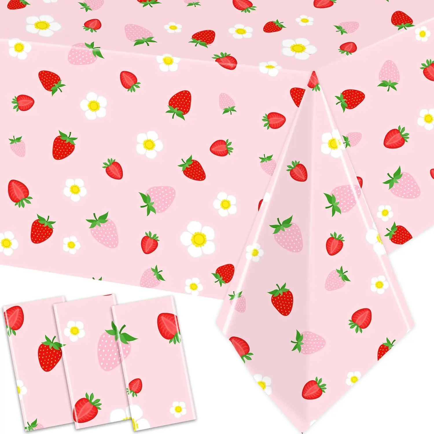 3-Pack Durable Fade-Resistant Modern Patterned Plastic Strawberry Rectangle Tablecloths, 130x220cm (51x86.6 inches), Wipe-Clean Girls' Birthday & Berry Sweet Baby Shower Decor, Household Kitchen Linens