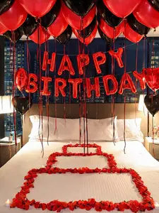 39PCS Red Happy Birthday Balloon Set – Letter Balloon Banner, Red & Black Latex Balloons and Heart Foil Balloons for Birthday Party Backdrop Decor