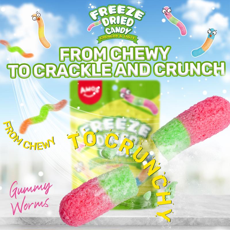 Amos Freeze Dried Gummy Rings, Banana, Skittles & Worms -Premium Tasty Fat-Free Gluten-Free Perfume Bonbon Sweet Snack Strawberry