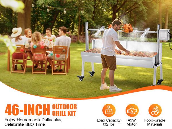 AMERLIFE Electric Rotisserie Grill Kit with Windscreen, 46" Height-Adjustable Charcoal Roaster, 132 Lbs Capacity, 45W Motor, Stainless Steel Spit with Lockable Wheels for Outdoor Camping Portable Bbqs Rotating