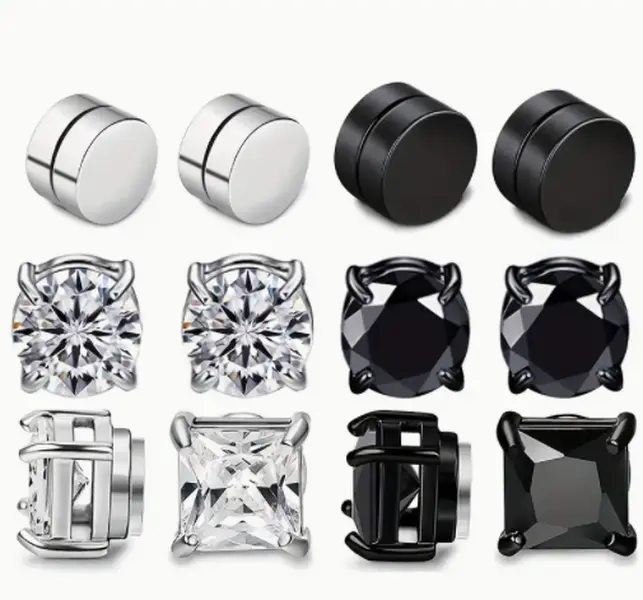 New Czech Stone Magnetic Stainless Steel Ear Clips - No Piercing Needed, Silver-Black Mixed Jewelry, Daily Wear Accessory, Boyfriend Gift Earrings