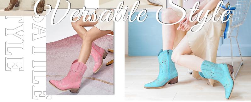 Rhinestone Ankle Cowboy Boots for Women Embroidered Short Cowgirl Boots with Low Heel Side Zipper Comfortable Chunky Heel Western Booties for Prom Party Wedding Pull On Shoe