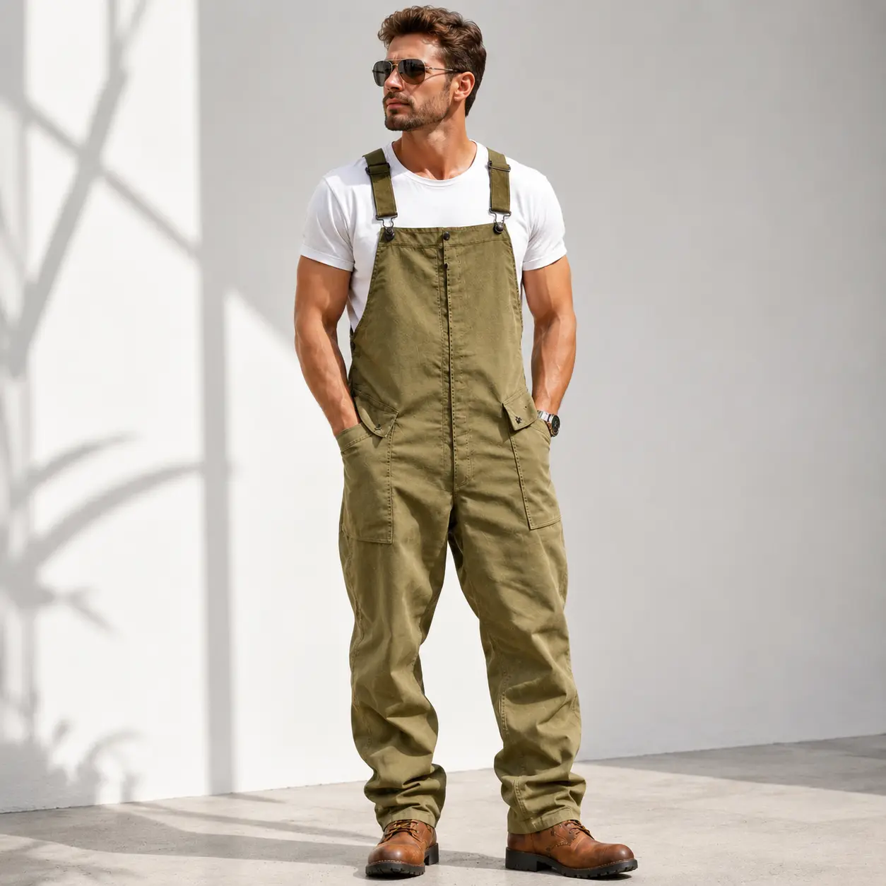 Men's Vintage Casual Overalls, Retro Workwear Bib Pants, Loose Fit Utility Jumpsuit with Pockets, Streetwear Carpenter Style