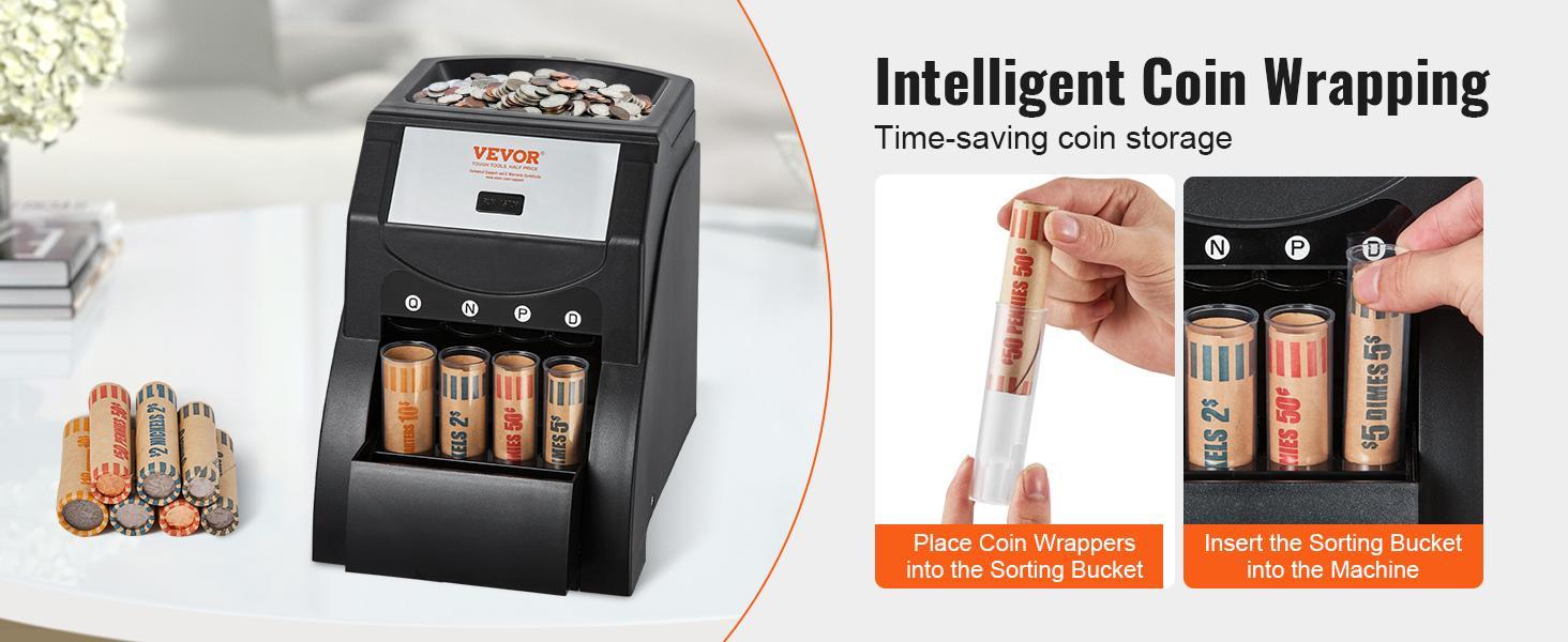 VEVOR USD Coin Sorter, TikTokShopBlackFriday, Coin Sorter Machine for USD Coin 1￠ 5￠ 10￠ 25￠, Sorts up to 230 Coins/min, Coin Sorter and Wrapper Machine Holds 200 Coins Included 4 Coin Tubes, Black  VEVOR Super Brand Day