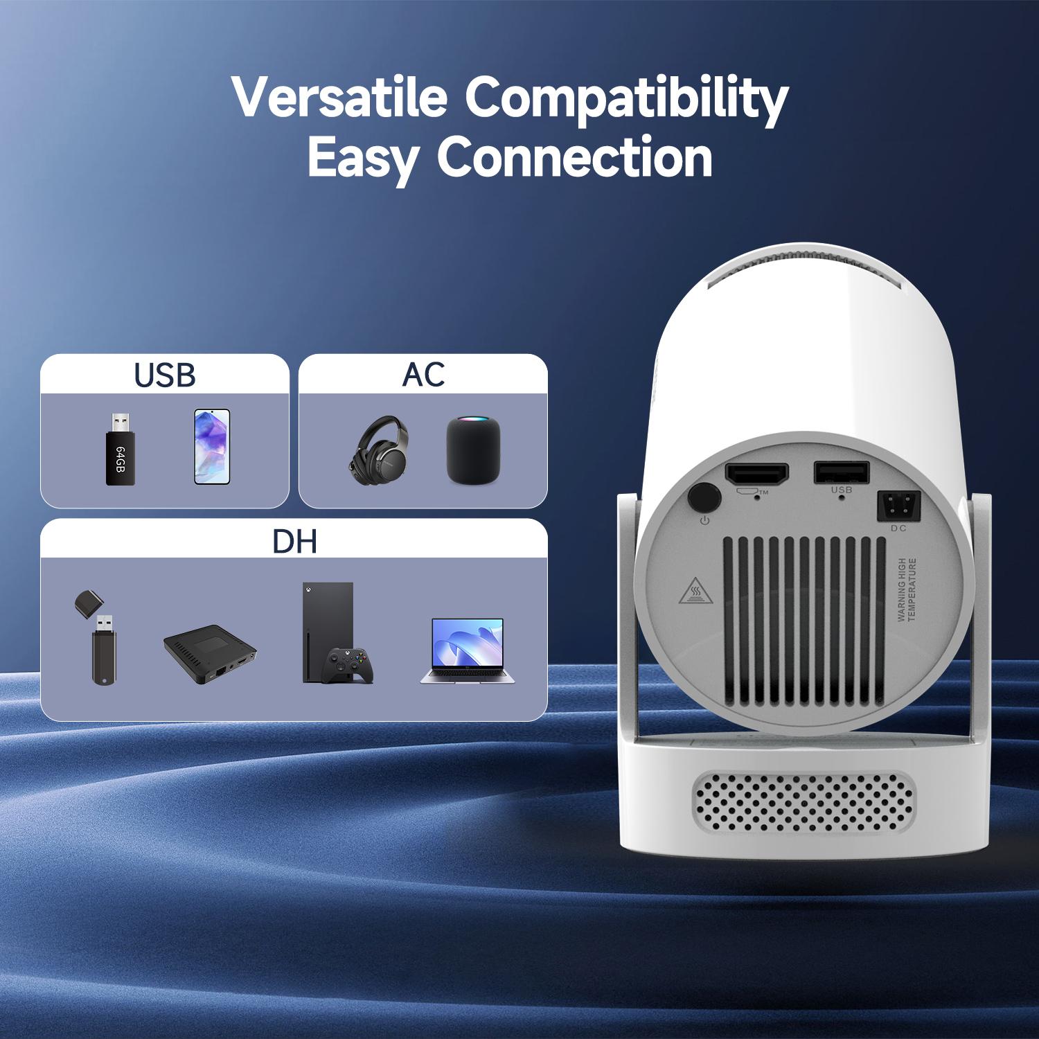 HY300Pro+ Portable Projector 290ANSI 8K/4K/1080P Decode Allwinner H726 2.5&5.8G Dual WiFi6 Smart Android 14 BT5.4 Native 1280*720P Built-in Speaker Auto Keystone Correction Home Cinema Movie