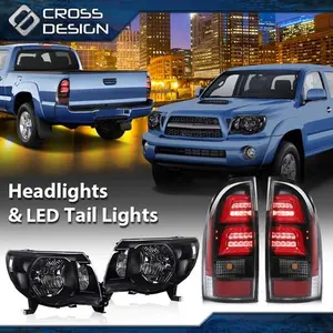 CROSSDESIGN Fit For 05-11 Toyota Tacoma Black Headlights & 3D LED Tube Bar Tail Lights Lamp