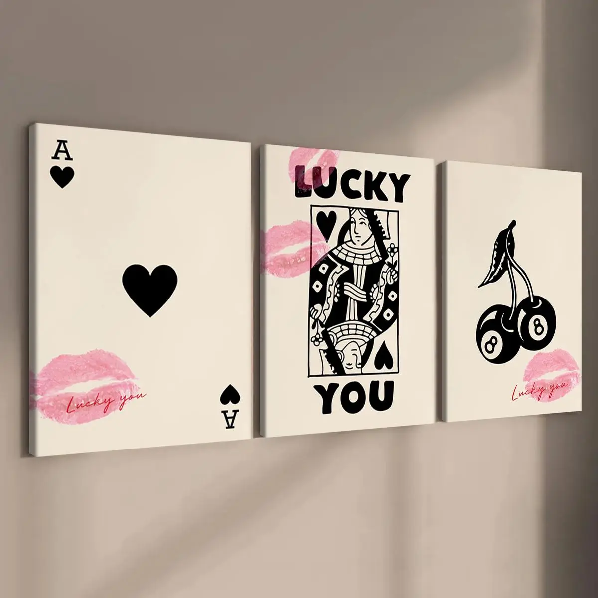 Wooden Framed Canvas Painting, 3 Counts/set Lucky Card Pattern Wall Art, Fashion Art Wall Decor, Modern Art Design, Home Decoration Poster for Living Room, Bedroom, Art Work For Wall Decor Decoration Items