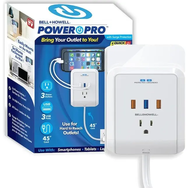 Power Pro – 3-Outlet Wall Outlet Surge Protector with 3 USB Ports & Extension Cord