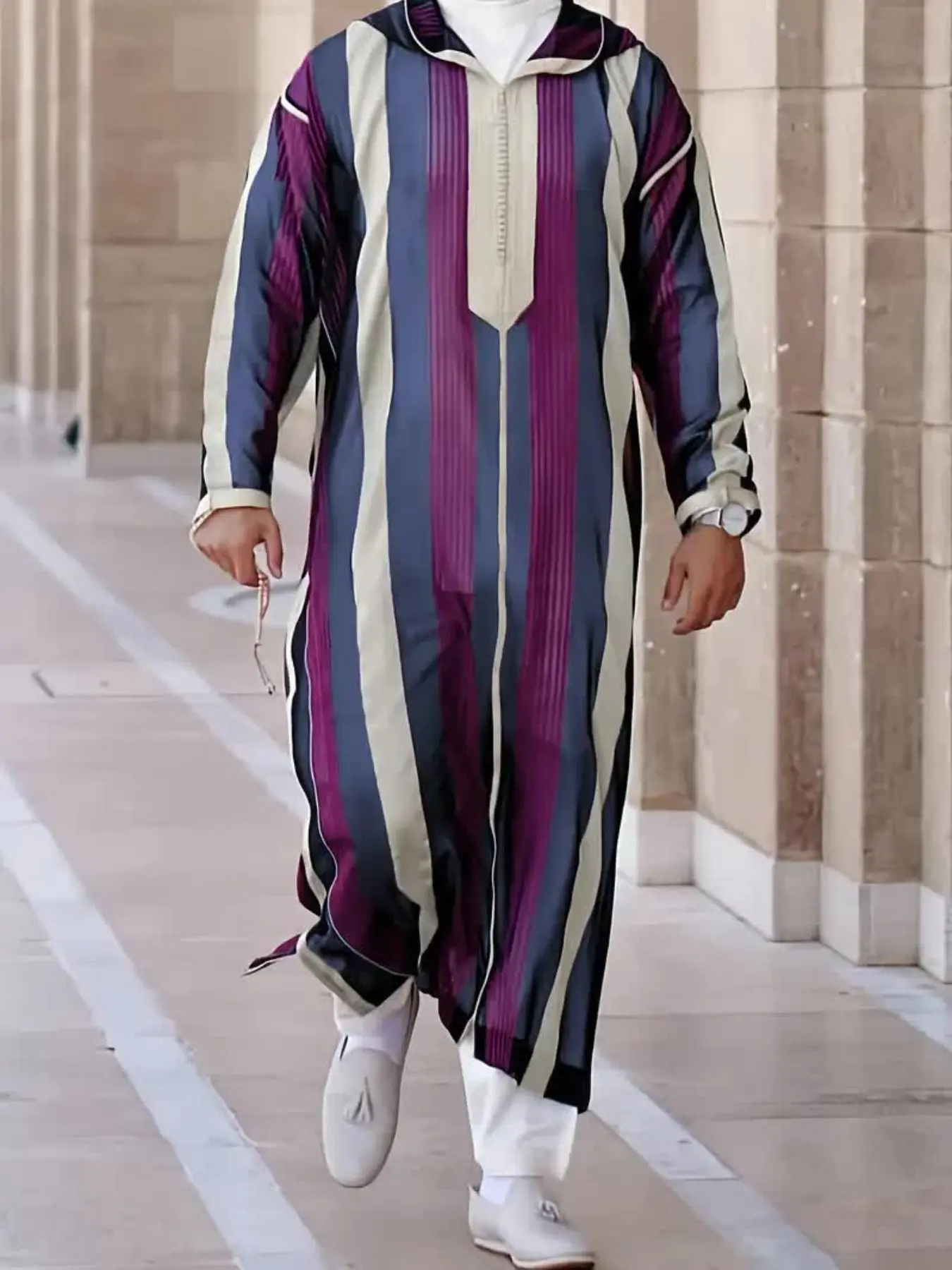 Men's Moroccan Casual Long Robe, Traditional Arabic Robe, Striped Hoodie for Ramadan & Eid Festivals, All-Season Traditional Clothing for Special Occasions, Premium Traditional Thobe, Islamic Thobe, Muslim Thobe