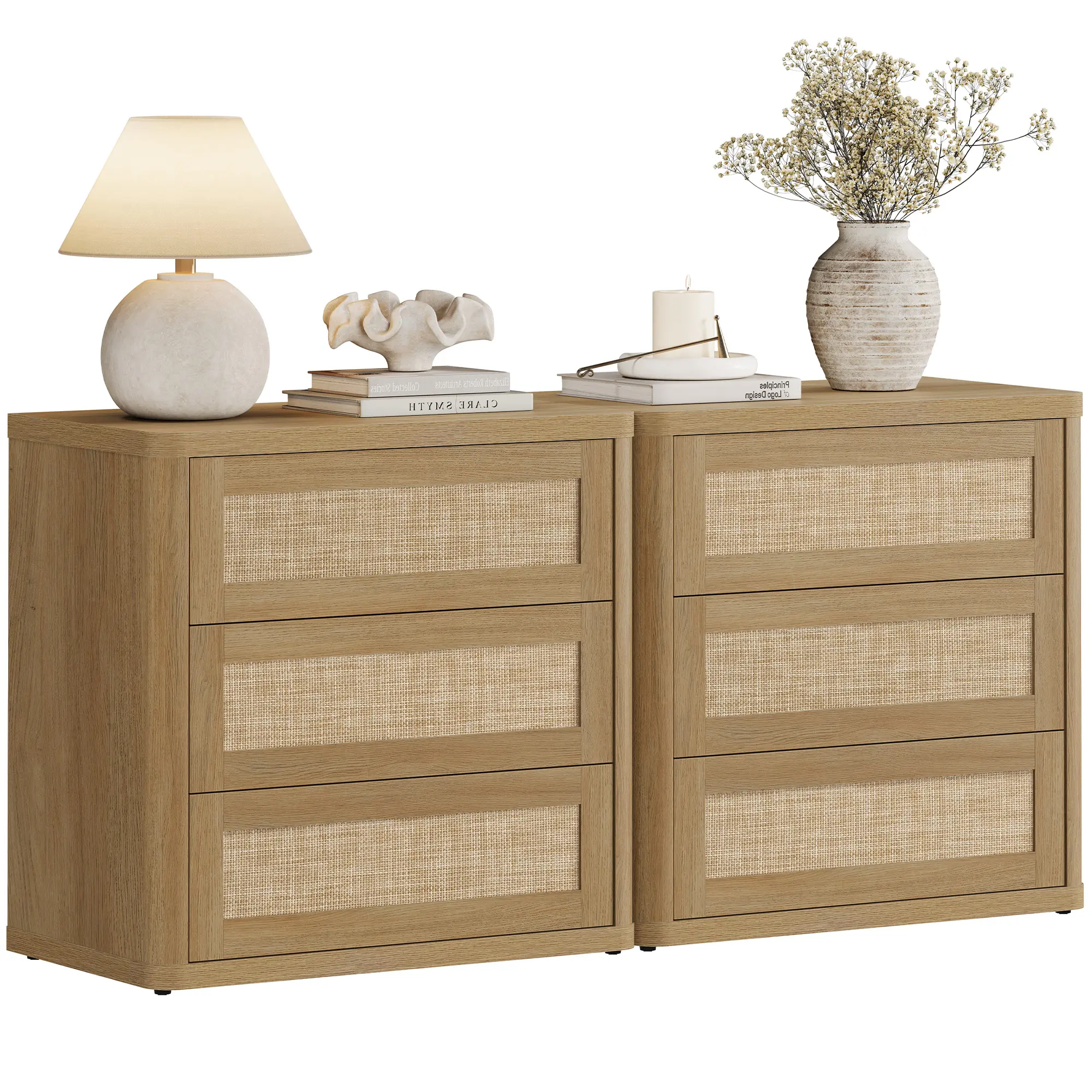 SICOTAS Set of 2 Rattan Nightstands - Large Rectangle Pedestals with 3 Handleless Push-Close Drawers, 1" Thick Top, FSC-Certified Wood, Sturdy Base, Kid-Safe Rounded Edges for Bedroom