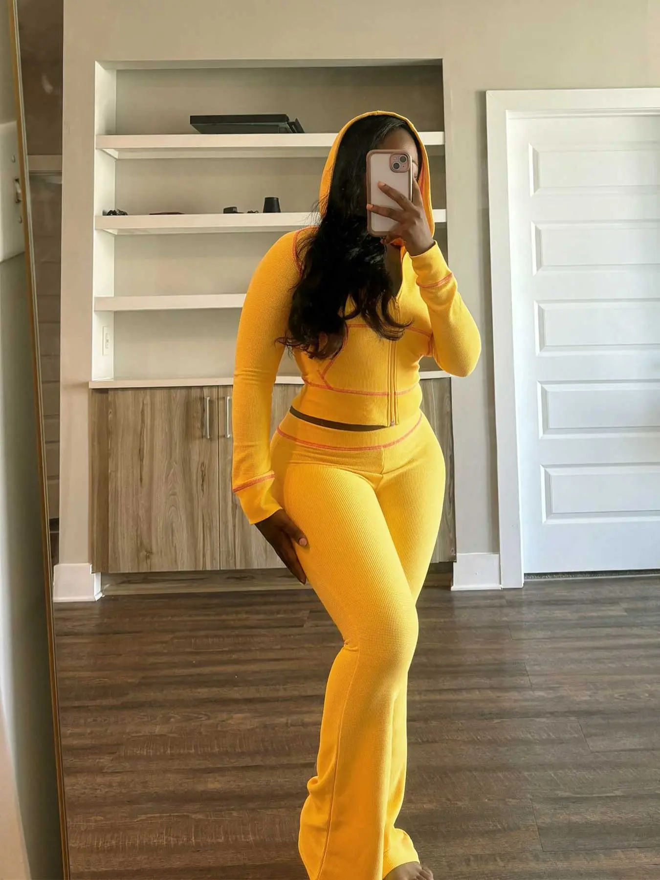 Women's Solid Contrast Binding Zip Up Hooded Crop Jacket & Pants Two-piece Set, Raglan Long Sleeve Hooded Top & Trousers for Daily Wear, Ladies Fall & Winter Clothes, Two Piece Casual Matching Set, Knitwear Set, Women Womenswear