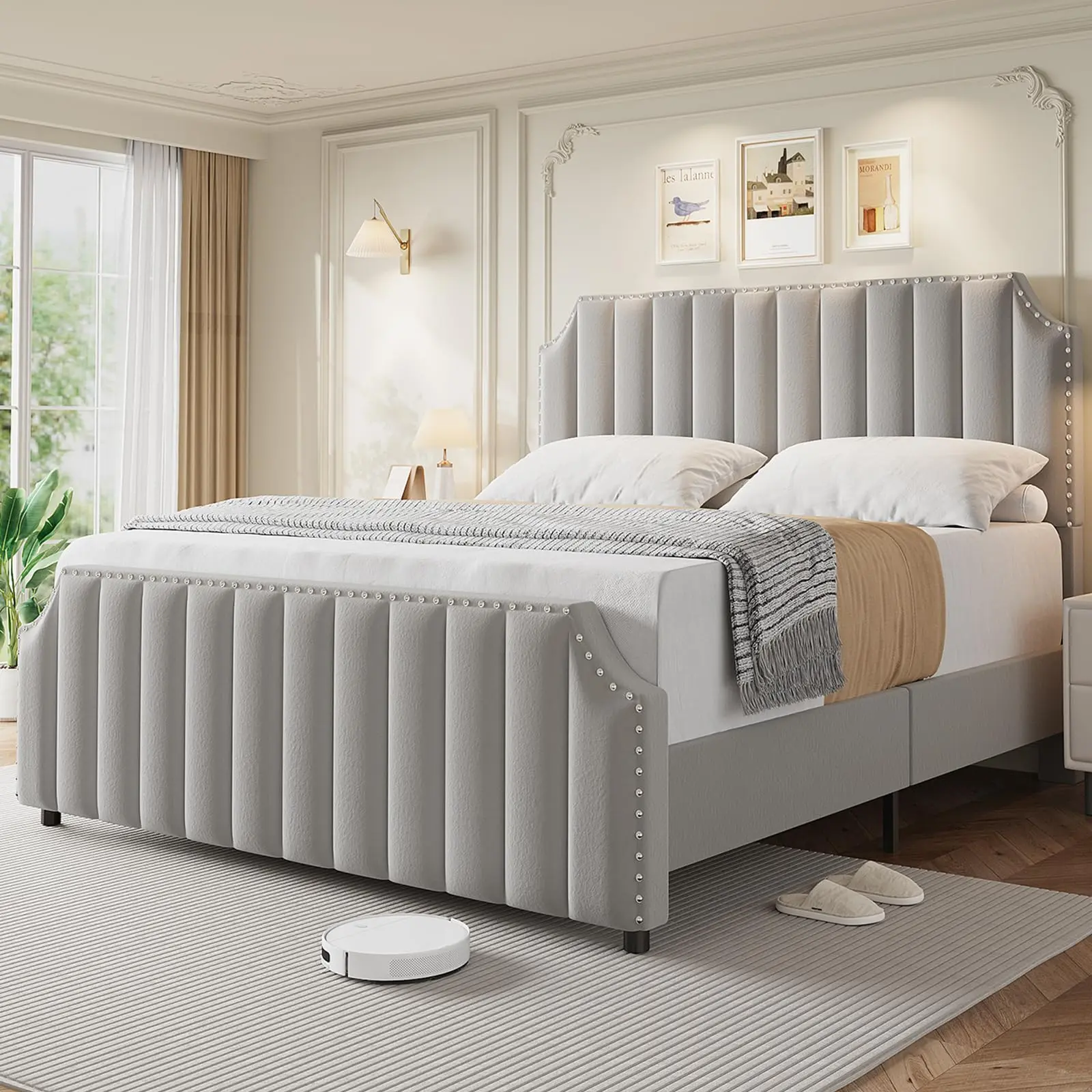 Garvee Queen Size Velvet Contemporary Upholstered Modern Platform Bed Frame - 50.2" Tall Rectangular Channel Tufted Headboard & Footboard, Nailhead Trim, Silent Solid Wooden Slats, No Box Spring Needed, Grey, 83.7x60.4x50.2in, Apartment Furniture, Headboa