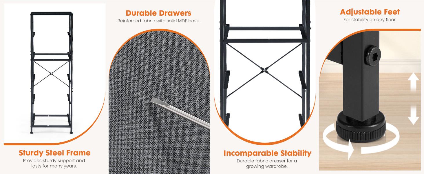 5 Drawer Dresser with Fabric Bins, Sturdy Steel Frame and Wood Top, Storage Organizer Chest for Bedroom, Closet, Hallway