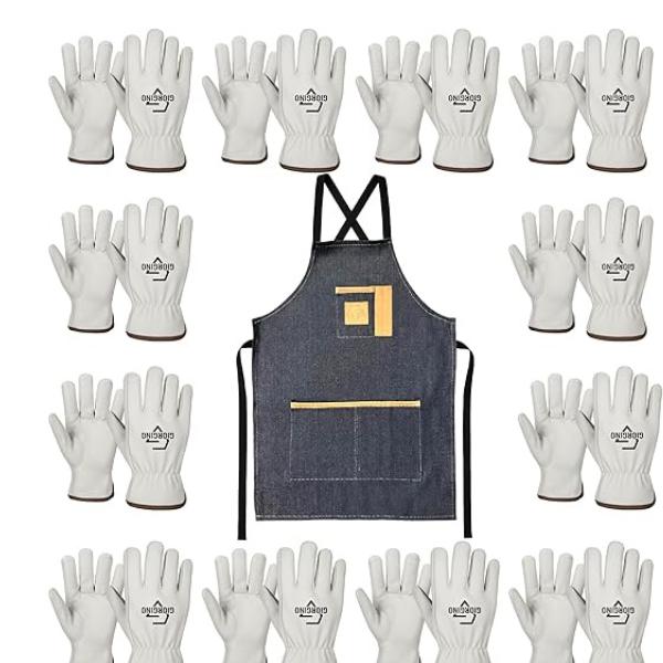 Giorgino 12 Pairs Leather Work Gloves Men with FREE Denim Apron Heavy Duty Cowhide Driver Gloves Unlined Construction Gloves