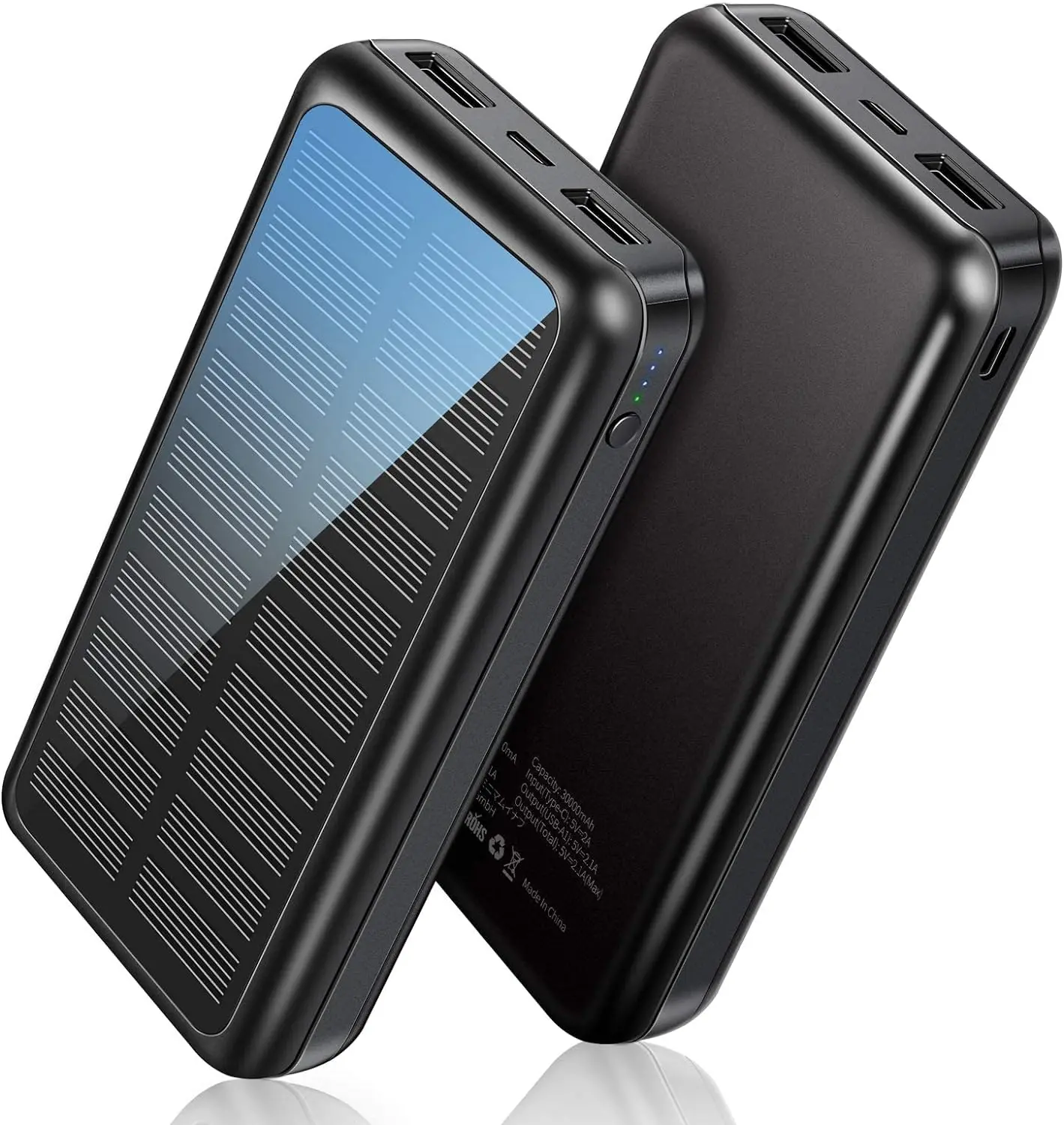 RETMSR 20000mAh-30000mAh Solar Rechargeable Power Bank, Rechargeable Battery Pack with Built-in Cables, Dual USB-C Fast Charging, Compact Portable Charger for iOS, Samsung Mobile Devices, Black, Usb Type-C