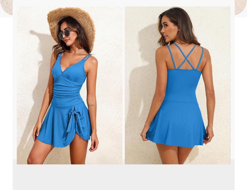 Aleumdr Ribbed One Piece Swimdress Swimsuits for Women Tie Knot Swim Skirt V Neck Bathing Suit Sport Swimming Clothing Beach Side Slits Summer Swimoutfit