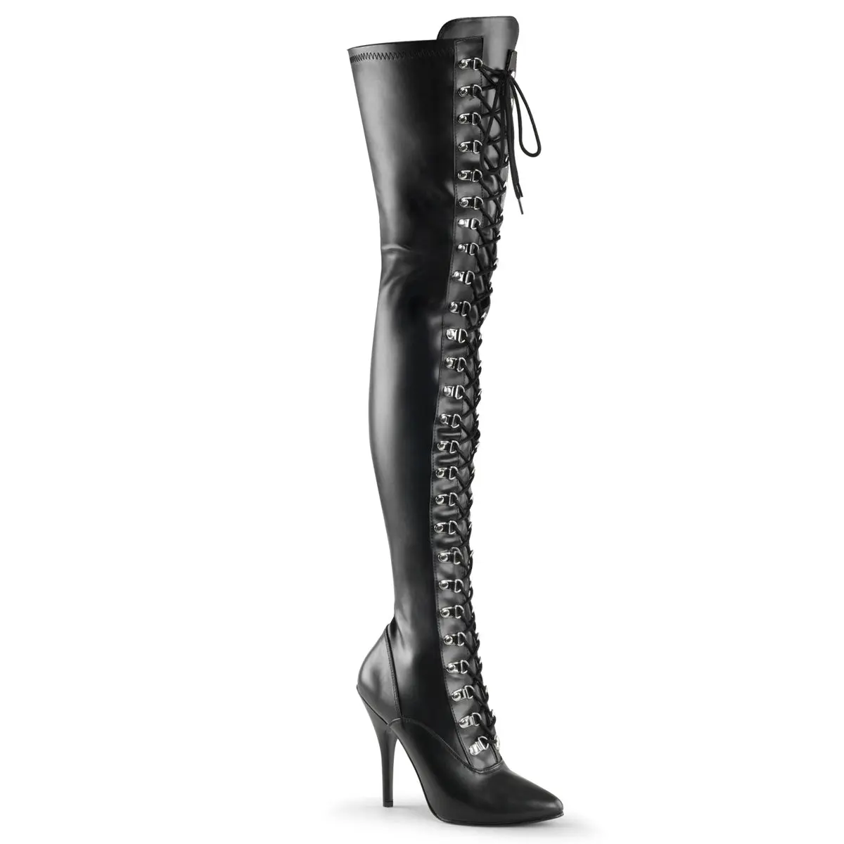 Pleaser Seduce-3024 Women's Stretch Thigh Boots, 5" Heel Black Vegan Leather with D-Ring Lacing & Side Zipper, Shoe