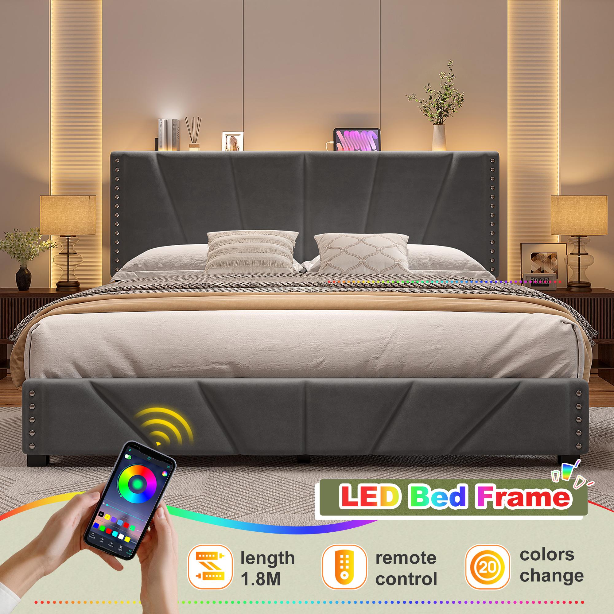 RaybeeFurniture Bed frame for Queen Bed Frame with Headboard&Storage,NO MATTRESS,  Luxury Upholstered Bed Frame with Storage, 2 Drawers & Shelf on Headboard, NO Noise, KING, FULL, Twin, Mother's Day Gifts