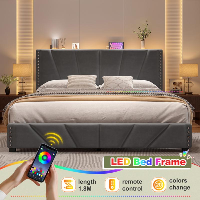 RaybeeFurniture Bed frame for Queen Bed Frame with Headboard&Storage,NO MATTRESS,  Luxury Upholstered Bed Frame with Storage, 2 Drawers & Shelf on Headboard, NO Noise, KING, FULL, Twin, Mother's Day Gifts