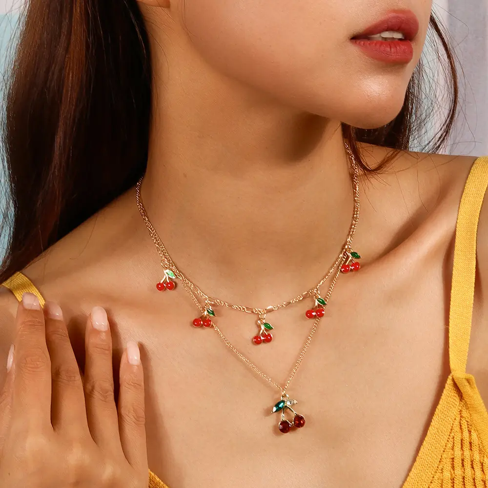 Double-Layered Cherry Necklace for Women, Sweet Plated Plastic Chain, Cute Casual Female Fashion Jewelry, Plastic Plated, Choking Hazard Balloon, Chain Jewelry Necklaces, Regular Chain