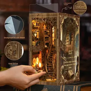 DIY Ancient Library Book Nook Kit with LED Lights, Wooden Miniature Bookshelf Insert Decor, Unique Gift for Book Lovers