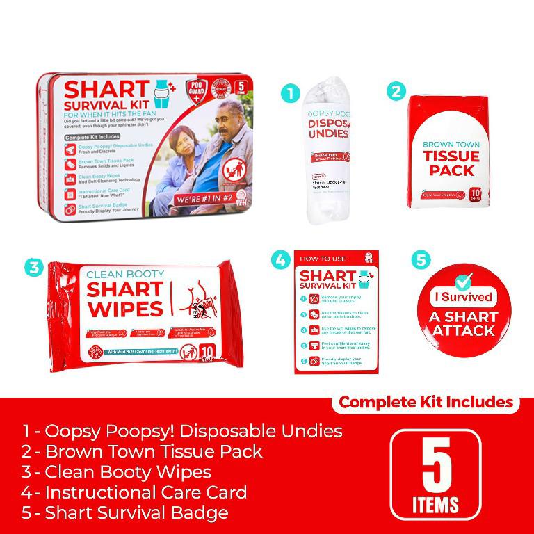 【Valentine's Day】Funny Shart Survival Ultimate Poop PrankGag Gift Set Contains Wet Wipes Disposable Underwear Tissues and Hilarious Badge. Novelty Fart Potty Pack Greatfor Friends or Family Humorous