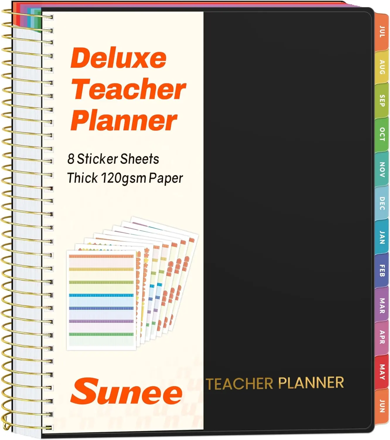 SUNEE Deluxe Teacher Academic Yearly Planner 2026-2027, 7-Period Lesson Planner (Jul 2026-Jun 2027) - 8.5"x11" Daily Weekly Monthly Organizers with Colorful Tabbed Views, Planning Stickers, Lay-Flat Spine, 120g Thick Paper, Black