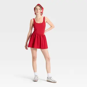 JoyLab Women's Game Day Bubble Skort Active Dress - Square Neck Sleeveless Mini Dress with Built-in Bra & Shorts