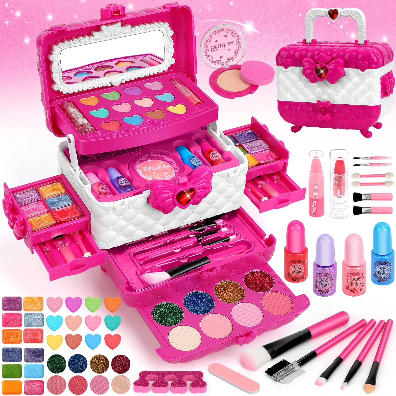 54Pcs Kids Makeup Kit for Girls, Washable Real Makeup Set with Mirror, Toddler Pretend Play Princess Beauty Toys, Birthday Christmas Gift for 3-12 Year Old