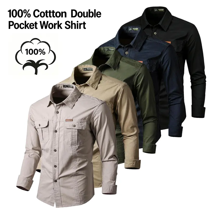 100% cotton men’s long-sleeve work shirt — breathable, solid color casual design, stylish notched collar, suitable for outdoor everyday wear; durable practical outerwear top; men’s fashion notched collar, vintage shirts button men