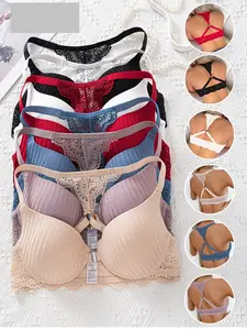 3pcs Elegant Lace Bra Set with Front Closure, High Support Push-Up Design & Contrast Lace Trim - Comfortable Non-Removable Padding, Sexy Floral Print For Women, Lingerie, Stylish Lingerie, Feminine Lingerie, Soft Fabric, Supportive Lingerie
