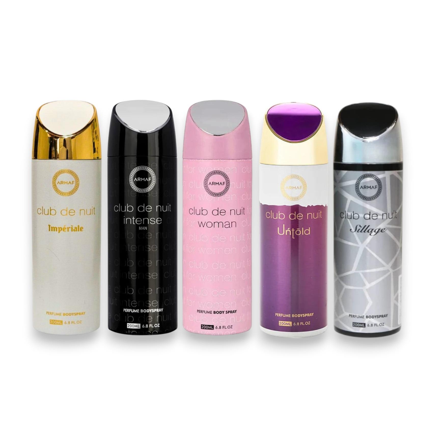 Armaf | Club De Nuit | 5 piece Body Spray Multipack | Imperial + Club De Nuit Man + Club De Nuit Woman + Untold + Sillage | Unisex Fragrance | 200 ML | Citrus - Floral & Musk Notes