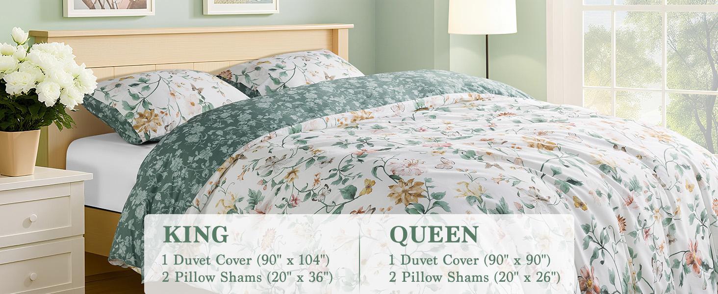 Sonoro Kate Home Floral Cotton Duvet Cover Set Soft Breathable Botanical Print Comforter Cover Moisture Wicking Skin Friendly Crisp Fresh Feel for All Season Sleep 3 Piece Set with Zipper Closure