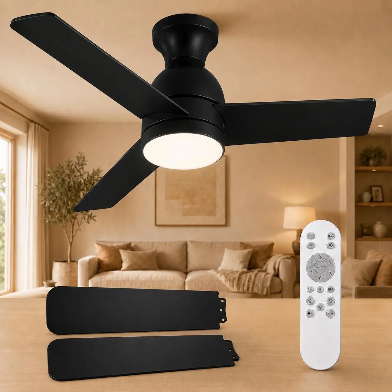 Garvee 42" Low Profile Black Indoor Ceiling Fan with 3 Blades, Dimmable LED Light, Remote Control, Quiet Motor, Adjustable Speeds, Space-Saving Design